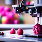 An image of a 3D printer in a kitchen, producing intricate, colorful and exotic food items such as dragon fruit shaped desserts and intricately designed chocolates