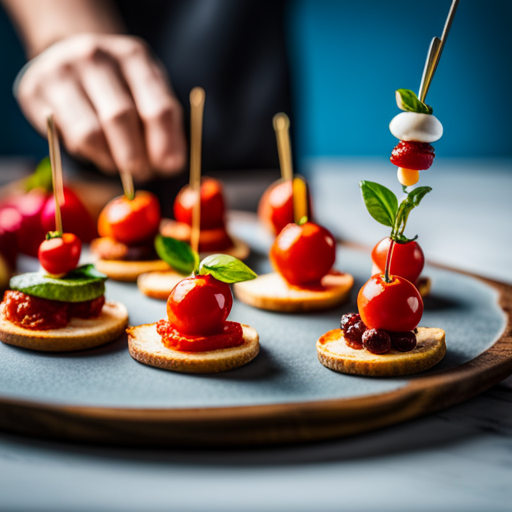 An image of a 3D printer delicately crafting miniature appetizers, such as tiny bruschetta, bite-sized caprese skewers, and intricately designed canapés, to showcase the artistry and precision of 3D printed party snacks
