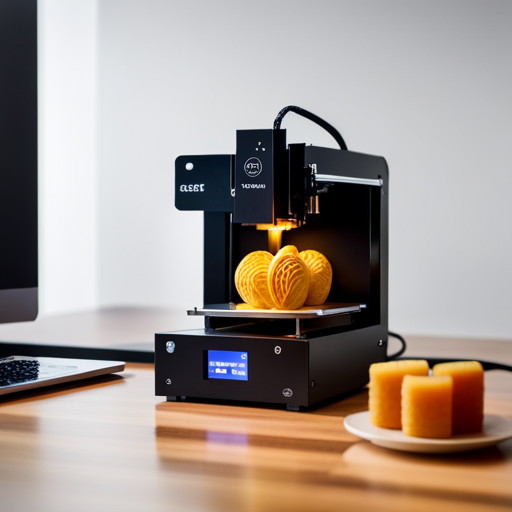 An image of a compact, sleek portable food 3D printer in action, printing out intricate and detailed edible creations, such as chocolates, pastries, and small savory dishes