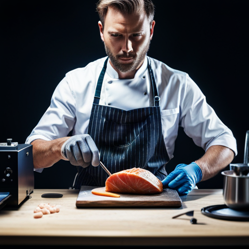 An image of a professional chef using precision tools to calibrate a 3D food printer, ensuring exact measurements and consistent quality of printed food items