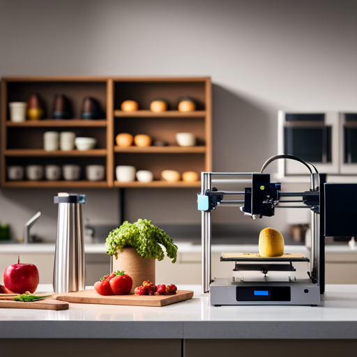 An image of a 3D printer in a kitchen setting, printing out various food items such as fruits, vegetables, and baked goods