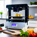 An image of a sleek, modern 3D food printer in a bright, clean kitchen environment