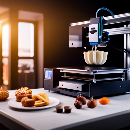 An image of a home kitchen with a 3D printer on the counter, printing intricate food items like pastries and chocolates