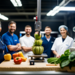 An image of a 3D printer constructing a detailed, lifelike fruit or vegetable using sustainable, plant-based materials, with a diverse group of people overseeing the process and smiling