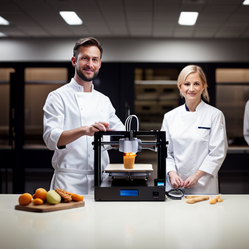 An image of a 3D printer with various food ingredients being loaded into the machine, along with a chef and a food scientist collaborating and discussing the process