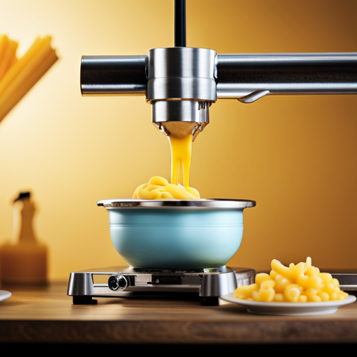 An image of a 3D printer creating a steaming bowl of mac and cheese, with gooey cheese dripping from the noodles and a fork poised to take a bite