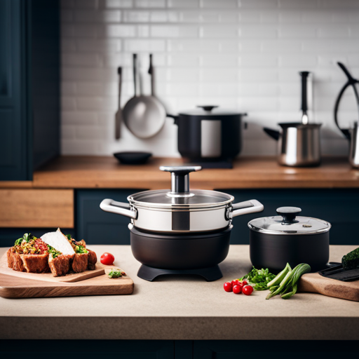 An image that juxtaposes a traditional kitchen with pots and pans, and a modern 3D food printer