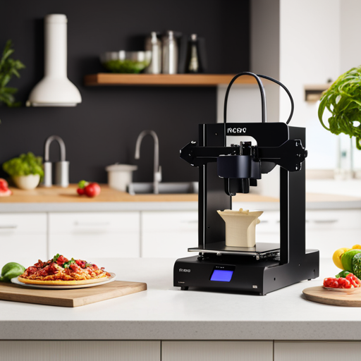 An image of a food 3D printer in a sleek, modern kitchen setting, surrounded by various printed food items such as pizza, pasta, and desserts