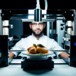 An image of a person interacting with a 3D food printer, showcasing the process of printing and assembling a customized, nutritious meal