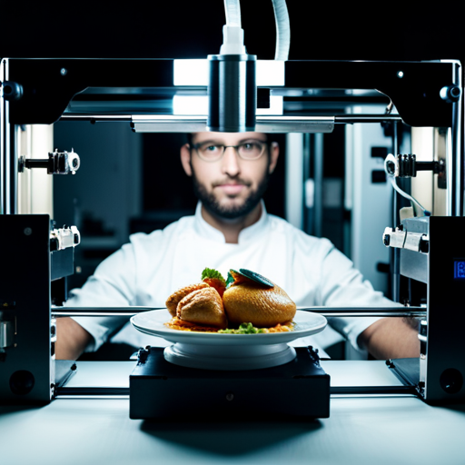 An image of a person interacting with a 3D food printer, showcasing the process of printing and assembling a customized, nutritious meal