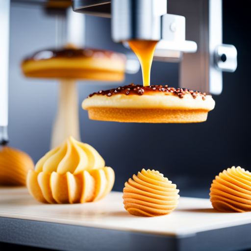 An image of a professional kitchen with a 3D food printer producing intricate and delicate pastries