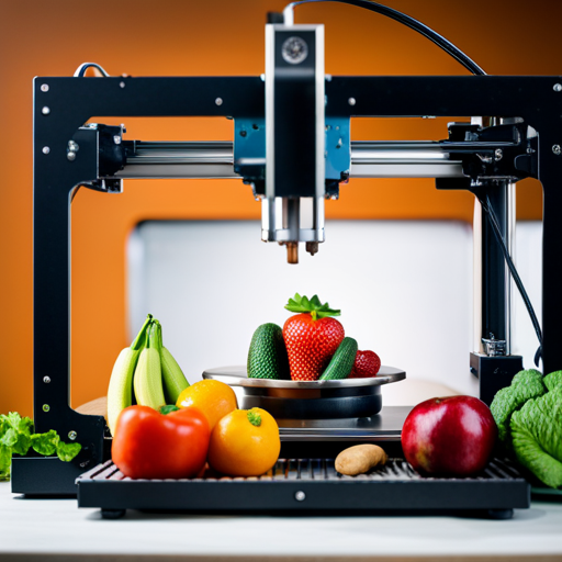 An image of a 3D printer layering different colored and textured food materials to form a customized, personalized meal, with a variety of fruits, vegetables, and proteins being printed