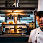 An image of a 3D printer in a restaurant kitchen, printing custom food items such as intricate edible decorations, personalized pasta shapes, and unique dessert toppings