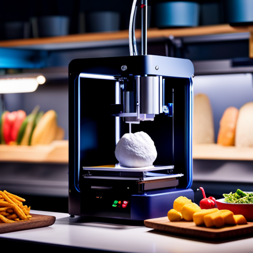 An image of a 3D food printer in action, with a variety of colorful and visually appealing food items being printed, showcasing the innovative and engaging customer experience of food 3D printing businesses