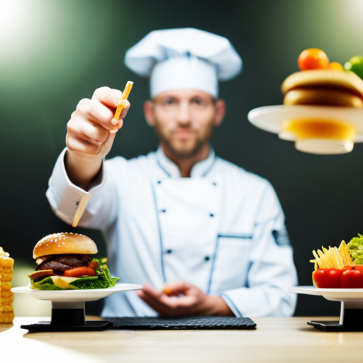 A 3D rendered image of a chef using a 3D food printer to create a detailed, intricate dish, dispelling the myth that 3D printed food is bland or unappealing