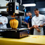An image of a 3D printer producing a customized, intricate food item, with a chef overseeing the process and a crowd of curious onlookers