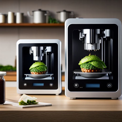 An image of two 3D food printers side by side, one with a high energy consumption label and the other with a low energy consumption label