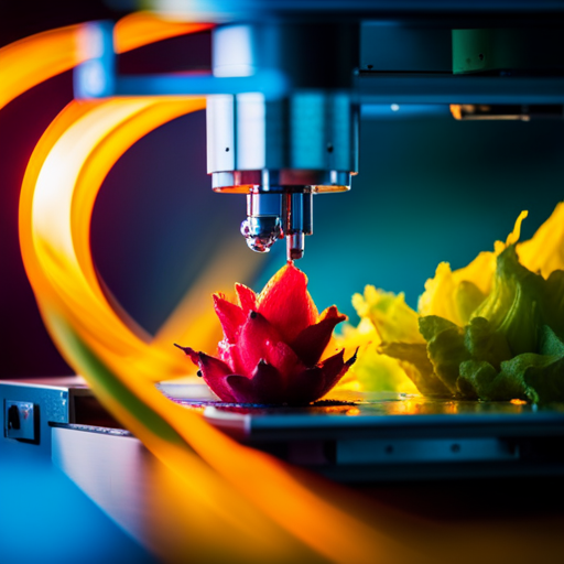An image of a 3D printer extruding a vibrant, multi-colored substance made from unique ingredients like saffron, cardamom, and dragonfruit
