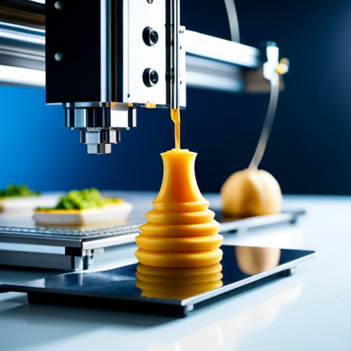 An image of a food 3D printer in action, with close-up shots of the printing mechanism and the finished food products