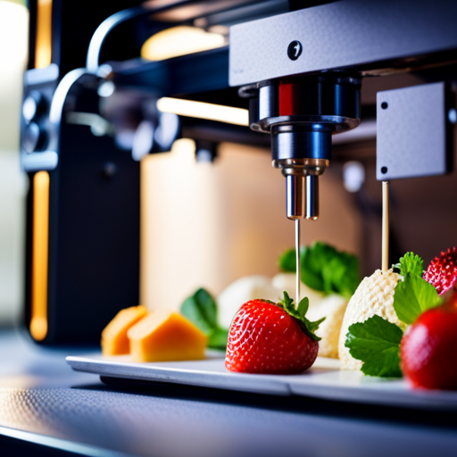 An image of a 3D printer producing intricate and detailed food items, such as a gourmet meal or dessert, with various ingredients and textures, showcasing the evolution of food 3D printing technology