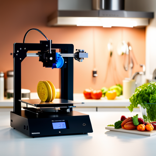 An image of a sleek, modern 3D printer in a kitchen setting, with various types of food items being printed in vibrant colors and intricate designs, showcasing the potential for experimental cooking