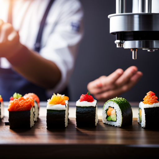 An image of a 3D food printer crafting intricate and colorful sushi rolls, with precision and detail, showcasing the innovative technology for specialized cuisines
