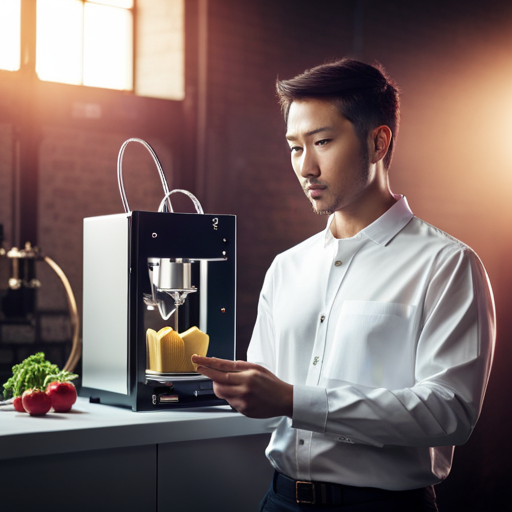 An image of a sleek, metallic 3D printer with intricate details on the nozzle and a precision-engineered build plate, producing a lifelike, intricately designed food item with fine, smooth textures