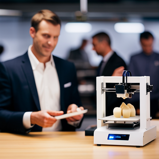 An image of a customer service representative assisting a customer with a 3D food printer, offering helpful guidance and support with a friendly and knowledgeable demeanor