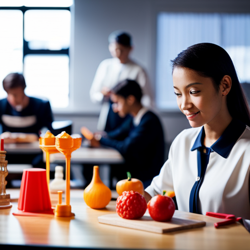 A 3D rendered image of a classroom setting with students using a food 3D printer to create intricate, colorful and detailed edible shapes and objects