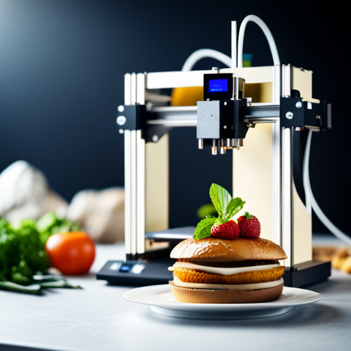 An image of a 3D printer printing a customized, allergen-free meal, with various ingredients being extruded in precise layers