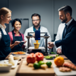An image of a 3D printer with food ingredients being layered to create a detailed and realistic food item, surrounded by investors and entrepreneurs discussing and exchanging capital