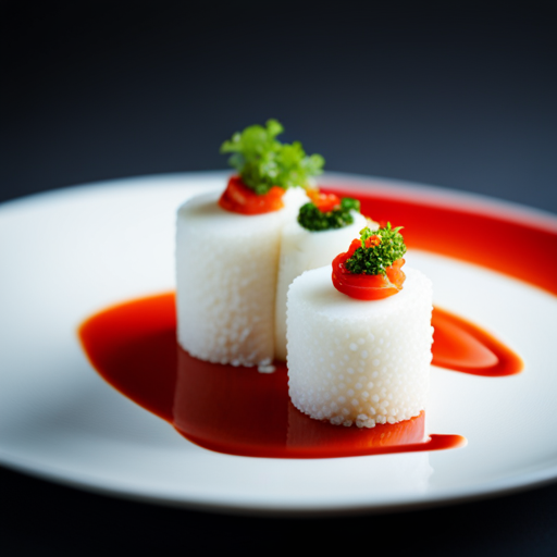 An image of a 3D printed dish that combines elements from different cultural cuisines, such as a sushi burrito with Indian spices, displayed on a modern, minimalist plate