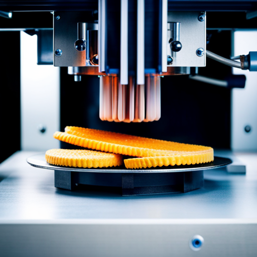 An image of a high-resolution food 3D printer in action, showcasing the intricate details and precision of the printed food items