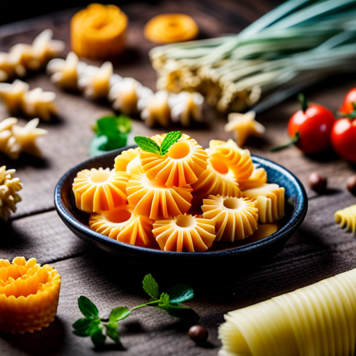 An image of a colorful array of 3D printed pasta varieties, such as spirals, shells, and tubes, arranged on a rustic wooden table with fresh herbs and ingredients scattered around