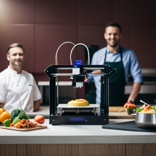An image of a sleek, modern 3D printer in a professional kitchen, surrounded by chefs experimenting with intricate and detailed food designs, showcasing the future of culinary arts