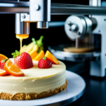 An image of a 3D printer creating intricate and colorful food designs, such as a detailed cake or a perfectly formed pasta dish, using innovative food printing technology