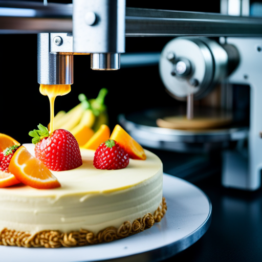 An image of a 3D printer creating intricate and colorful food designs, such as a detailed cake or a perfectly formed pasta dish, using innovative food printing technology