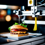 An image of a 3D printer crafting intricate plant-based dishes like a vegan burger, sushi, and pasta, showcasing the innovative possibilities of 3D printing in vegan cuisine