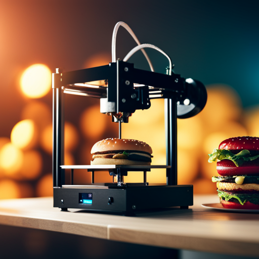 An image of a 3D printer producing a detailed, realistic replica of a food item such as a burger, pizza, or cake, surrounded by various symbols representing intellectual property rights
