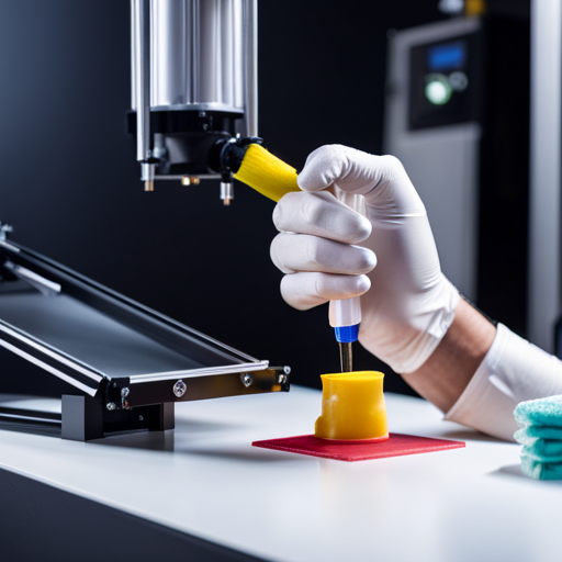 An image of a person wearing gloves and using a small brush to clean the nozzle of a food 3D printer