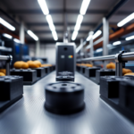 An image of a bustling 3D printing facility with a focus on the intricate process of managing food ingredient logistics