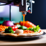 An image of a 3D printer printing intricate, colorful food creations like a pizza, burger, and sushi