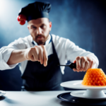 An image of a chef using a 3D food printer to create intricate, colorful, and geometric-shaped dishes