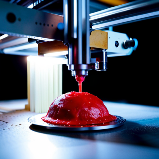 An image of a 3D printer in action, extruding different materials to create a multi-material food creation, such as a colorful layered cake or intricately designed pasta