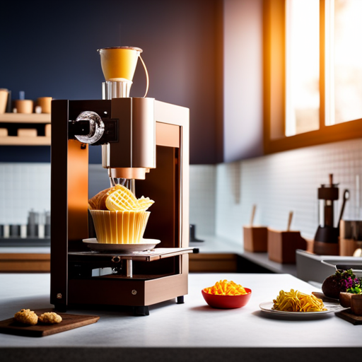 An image of a 3D printer in a kitchen, producing intricately designed and personalized food items such as custom-shaped pasta, unique chocolate molds, and detailed cake decorations