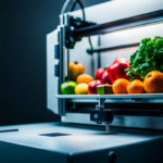 An image of a 3D printer using vibrant, fresh fruits and vegetables as its materials, with a focus on the intricate layering and precision of the printing process