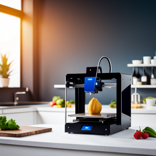 An image of a sleek, stainless steel 3D printer in a professional kitchen setting, with intricate food designs being printed in vibrant, high-quality ingredients like chocolate, cheese, and fruit