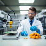 An image of a 3D printer in a food production facility, with a close-up of a printed food item being inspected by a quality control technician wearing gloves and a lab coat