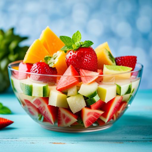 A 3D printed fruit salad with vibrant, juicy slices of watermelon, pineapple, and strawberries, accented with mint leaves and served in a clear, geometric bowl