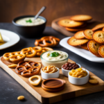 A 3D printed image of a variety of savory snacks such as pretzels, cheese crackers, and mixed nuts arranged on a serving platter with a side of dip